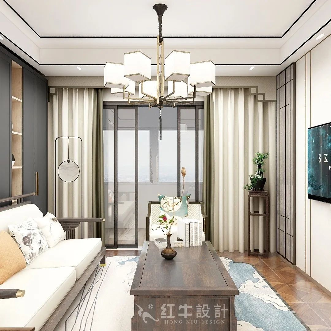 朱明琪_紅牛設(shè)計--中垠紫金官邸105㎡（C3戶型）新中式風(fēng)格01客廳