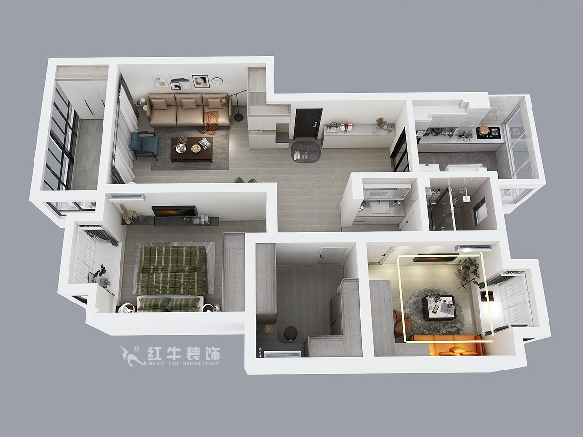 蔣?。趟铺?-3-401-106㎡-現(xiàn)代簡約風格｜3室2廳1衛(wèi)｜新房裝修｜成品家￥152999｜全包15萬｜00_04鳥瞰圖