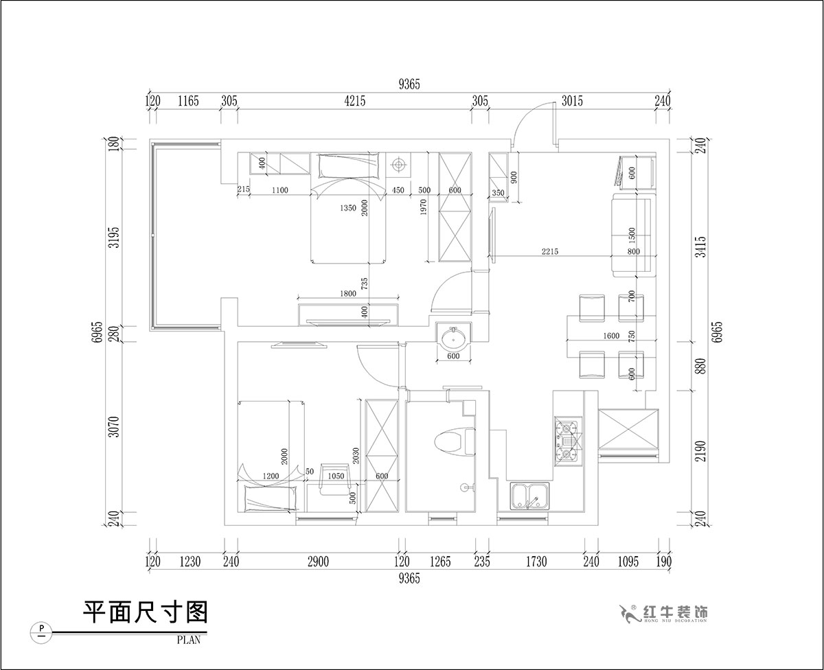 張桐瑋｜騰飛園7-104-58㎡-現(xiàn)代簡(jiǎn)約風(fēng)格｜2室1廳1衛(wèi)｜舊房改造｜定制家￥65000｜全包10萬(wàn)｜00_03平面尺寸圖