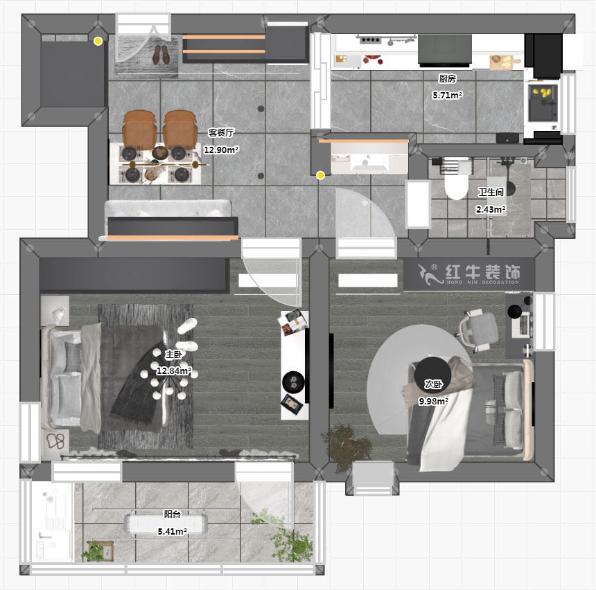 蔣?。珗@路44號小區(qū)3-204-60㎡-現(xiàn)代簡約風格｜2室1廳1衛(wèi)｜舊房裝修｜定制家｜全包10萬｜00_03平面彩圖
