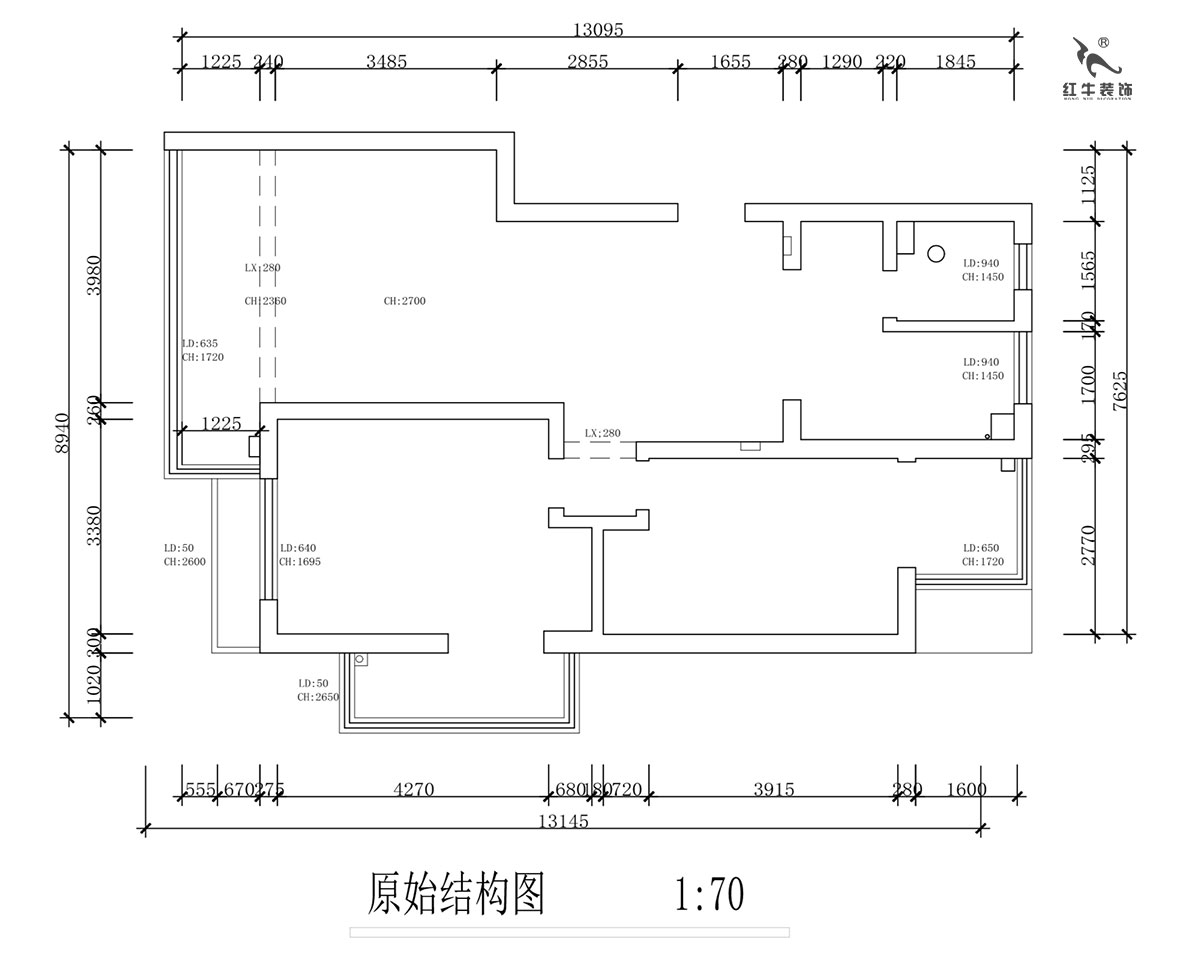 蔣?。霄沃腥A廣場11-601-110㎡-現(xiàn)代簡約風格｜2室2廳1衛(wèi)｜舊房裝修｜定制家￥140400｜全包15萬｜00_01原始結(jié)構(gòu)圖