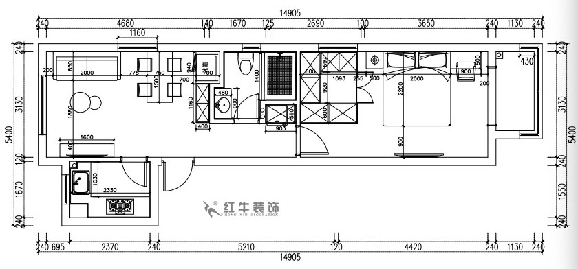 張桐瑋｜紫楊佳園29-2101-59㎡-現(xiàn)代簡約風格｜2室1廳1衛(wèi)｜新房裝修｜定制家￥89500｜全包10萬｜00_03平面尺寸圖