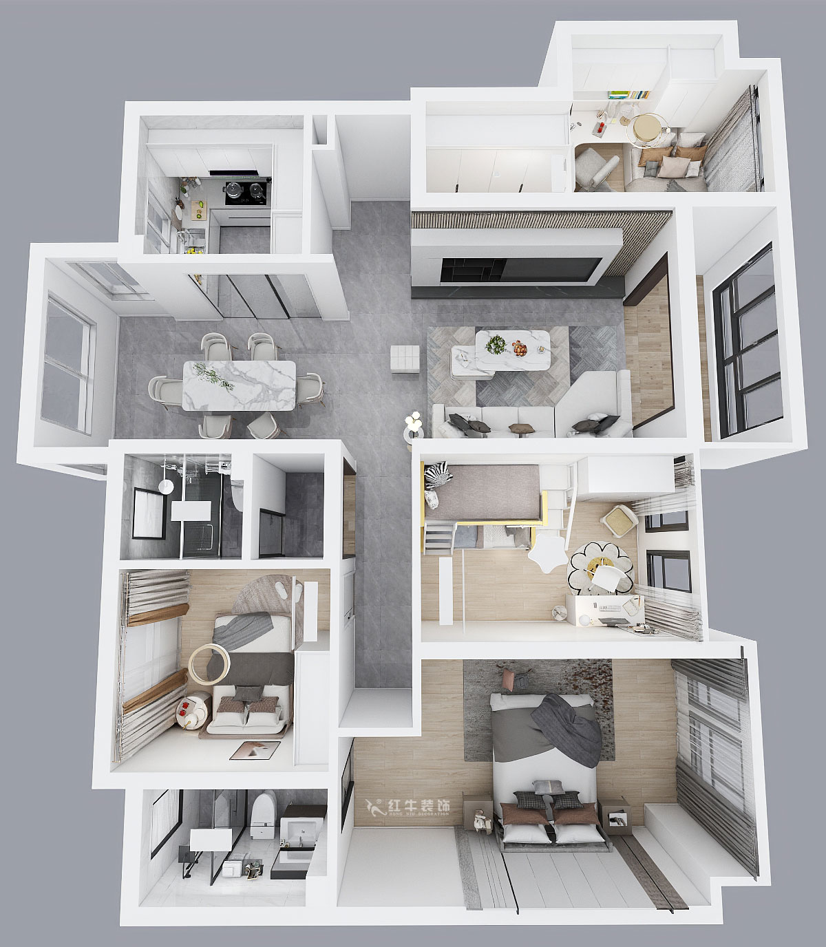 蔣琛｜電建洺悅府二期北苑5-904-135㎡-輕奢風格｜4室2廳2衛(wèi)｜新房裝修｜定制家｜全包20萬｜00_04俯視圖