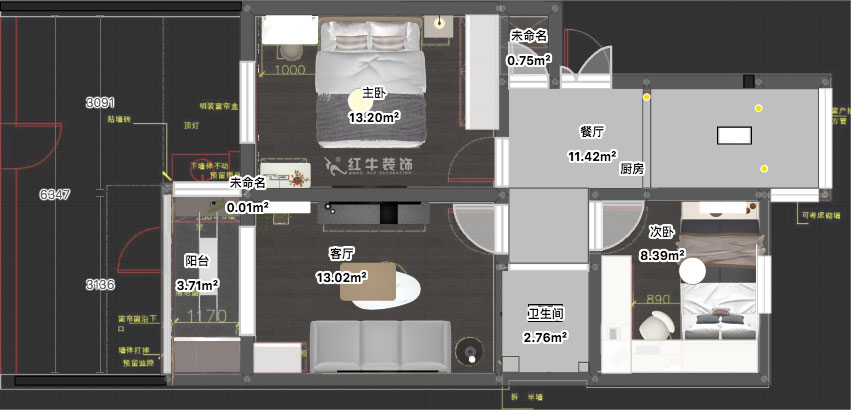蔣?。驳吕?0號玻纖院小區(qū)14-103-65㎡-現(xiàn)代簡約風格｜3室1廳1衛(wèi)｜老房裝修｜定制家｜全包10萬｜00_03平面彩圖