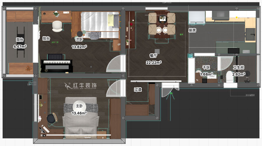 孟憲濤｜寧夏路18號(hào)3-204-70㎡-現(xiàn)代風(fēng)格｜2室2廳1衛(wèi)｜老房裝修｜定制家｜全包12萬｜00_03平面彩圖