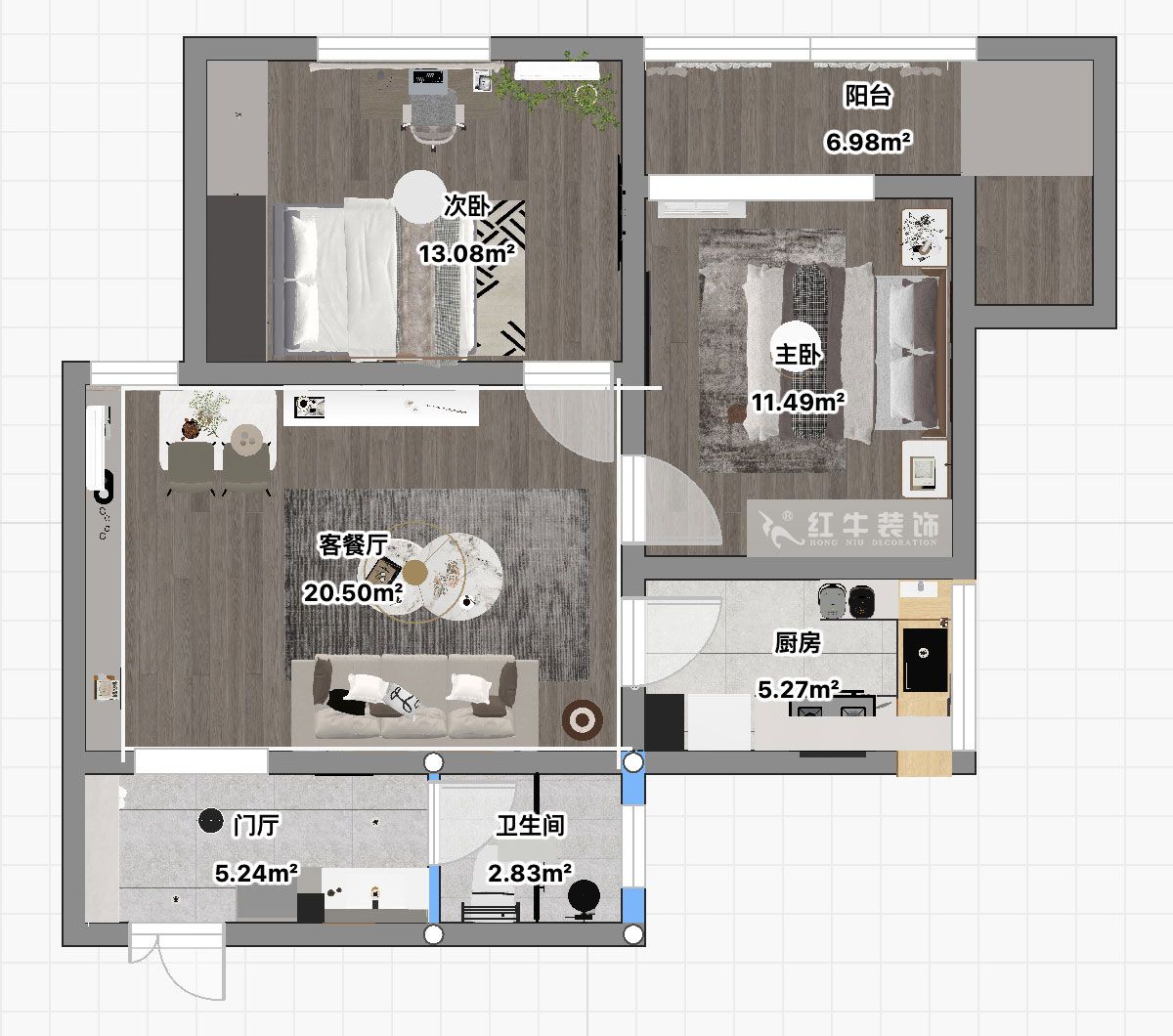 朱彥｜建康花苑4-505-89㎡-現(xiàn)代簡約風格｜2室2廳1衛(wèi)｜老房改造｜定制家｜全包12萬｜00_03平面彩圖