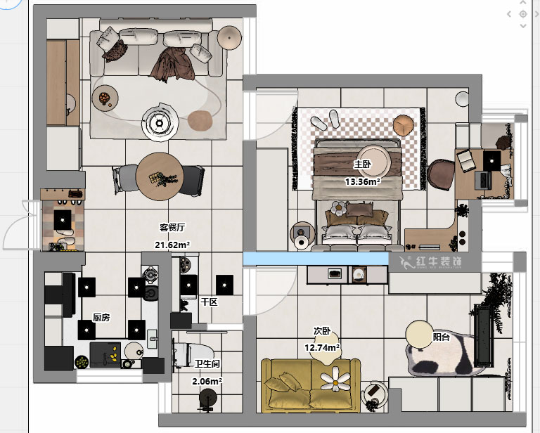 朱明琪|燕江新城山水苑10-2-1007-68㎡-簡約風(fēng)格|2室1廳1衛(wèi)|老房裝修|定制家|全包8萬|00_03平面彩圖